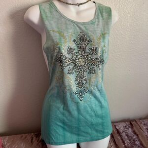 Miss Me Women's Green Blue Ombre Cross Embellished Open Back Tank Top Size Large